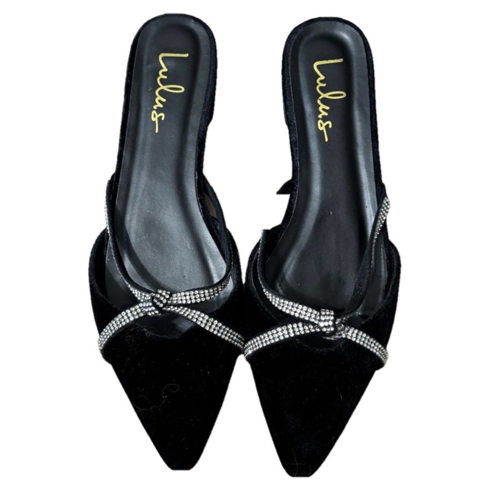 Lulu's Black Velvet Flat Mules with Rhinestone and Silver Accents